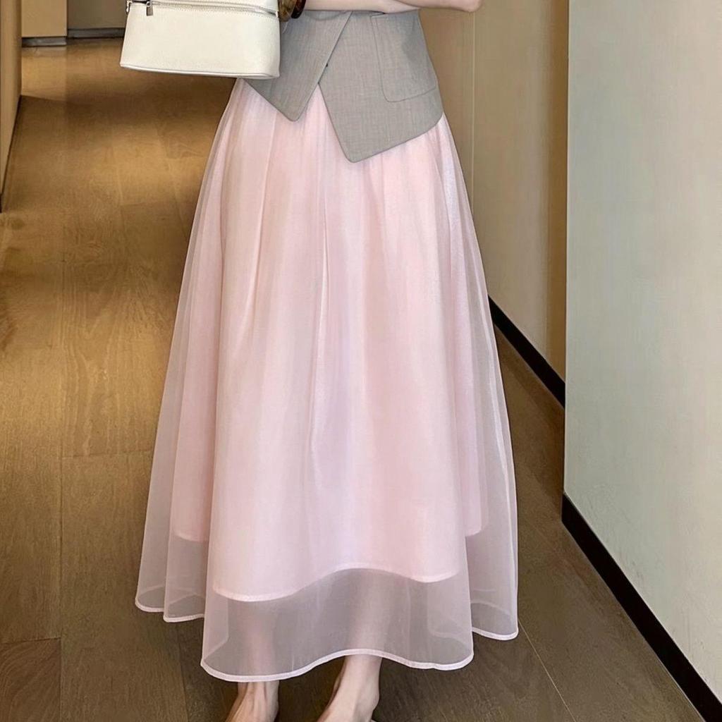 [Mặc nhỏ dễ thương] Váy hồng mùa hè Streamer Mùa hè Cổ tích lông tơ Drape cạp cao mỏng hơn trông thời trang...