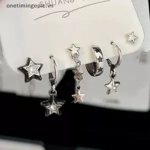 VFZ 6 CÁI BỘ Goth Punk Vintage Thẩm Mỹ Pha Lê Trái Tim Mặt Trăng Chữ Thập Ngôi Sao Mặt Dây Chuyền Bông Tai Dành Cho Nam Nữ Grunge Y2K Trang Sức Phụ Kiện OTE