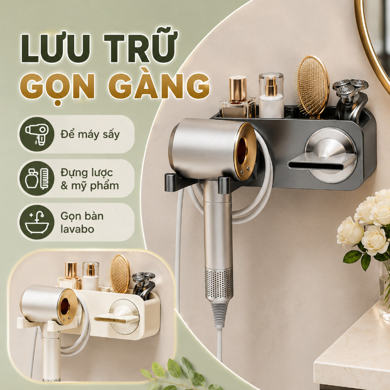 Giá Đỡ Máy Sấy Tóc Treo Tường – Nhôm Hàng Không ABS, Dán Tường, Có Khe Móc Dây Điện & Ngăn Đựng Đồ