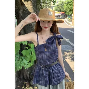 Mùa hè Phong cách mới Áo Vest xẻ tà không đều đeo vai có dây đeo nữ ngọt ngào Cô gái nóng bỏng Thắt nơ eo hẹp thon gọn hơn