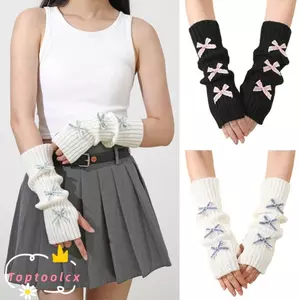 Găng tay không ngón Nơ TOPTOOLCX, Làm dày dễ thương Nơ dài dệt kim dễ thương, Tay áo thời trang Y2K mùa thu