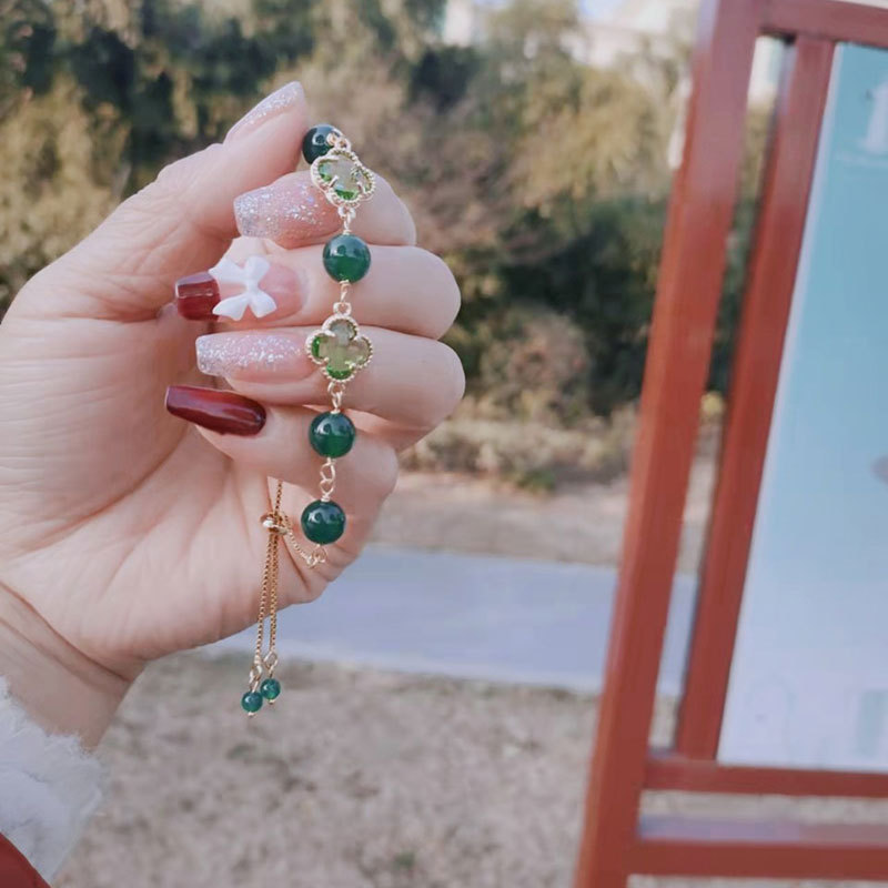 Vòng tay nữ cỏ bốn lá may mắn chalcedony màu xanh lá cây