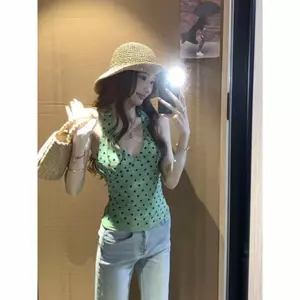 Phong cách Hàn Quốc Cô gái nóng bỏng gợi cảm chấm bi không tay Dây yếm nữ mùa xuân Phong cách mới Slim-fit Slimmer Look Top