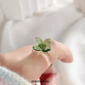 Nhẫn cỏ bốn lá DONOVANQQ, Nhẫn đeo tay hoa thời trang thủy tinh thủ công, Nhẫn men màu cổ điển tinh tế dễ thương Hipster