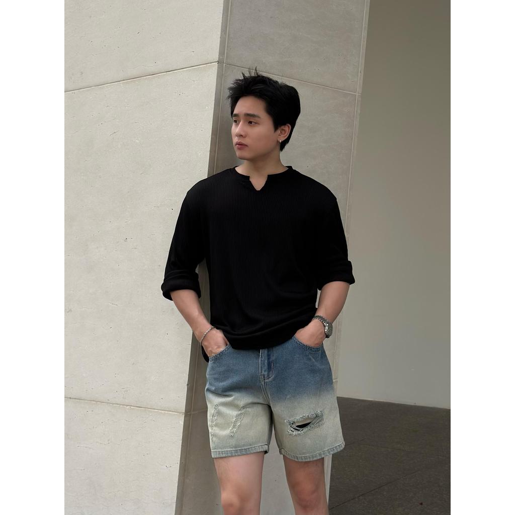 Quần Short Jean Nam DIN, Quần Đùi Xanh Rách Nhẹ Form Trên Gối, Thoải Mái Dễ Mặc, Phong Cách Streetwear Cá Tính JD68