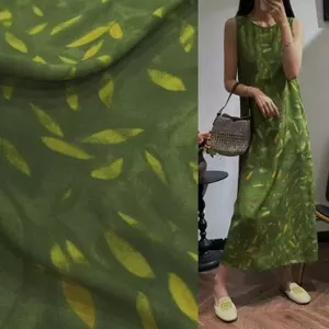 Mùa Hè Mori Phong Cách Tranh Sơn Dầu Cảm Thấy Vàng Lá Xanh In Voan Giả Lụa Vải Drap Thoáng Khí Đầm Áo Sơ Mi Vải 5.21