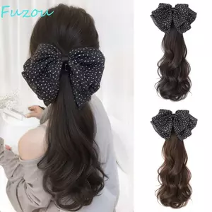 FUZOU Nơ Đen Thắt Đuôi Ngựa, Tóc Đuôi Ngựa Thấp Dài Xoăn Đuôi Ngựa, Vintage Tự Nhiên Tóc Lông Tơ Móng Vuốt Kẹp Tóc Đuôi Ngựa Tóc Giả Cho Nữ