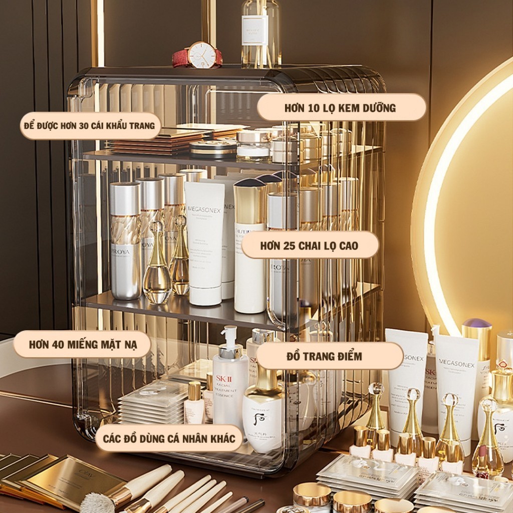 Tủ Đựng Mỹ Phẩm HomeMate 3 Tầng Trong Suốt Có Cửa, Kệ Đựng Skincare Makeup Chống Bụi Cao Cấp