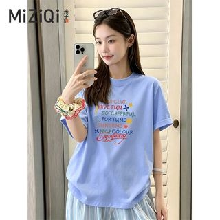 [MIZIQI] Áo thun ngắn tay dáng rộng Cotton nguyên chất dành cho nữ, Áo cổ tròn in hình phong cách đơn giản