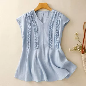 Nhỏ Tươi Thiết Kế Cảm Thấy Nấm Cạnh Khâu Áo Thun Nữ Cổ Chữ V Áo Chui Đầu Cotton Vải Lanh Vest Top 5.26