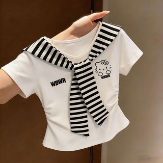 Bé Gái Mùa Hè 2026 Mới Màu Sắc Tương Phản Khăn Choàng Cổ Chữ v Áo Thun Ngắn Tay Trẻ Em Bé Hẹp Xếp Ly Ngắn Top