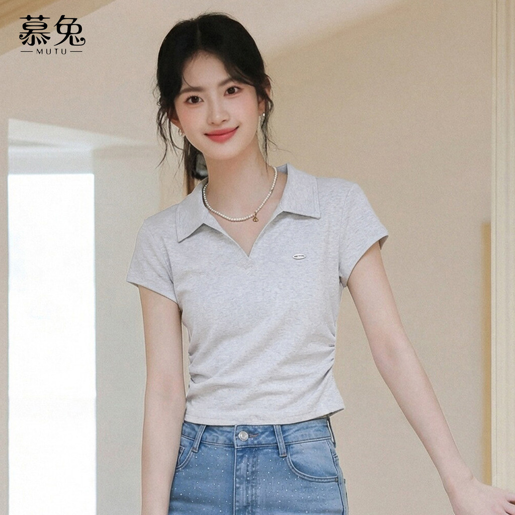 Mutu Phong Cách Hàn Quốc Màu Xám polo Cổ Áo Thun Tay Ngắn Phong Cách Mới Nữ Nhỏ Slim-Fit Ôm Hơn Nhìn Ngắn Top TU344