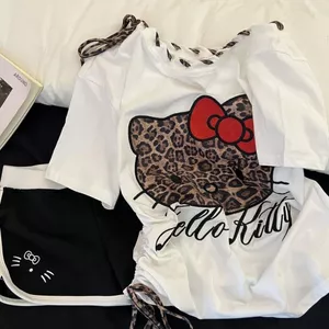 T Hợp Thời Trang Da Báo In Hình Hello Kitty Tay Ngắn Nữ Quần Short Mùa Hè Homewear Đi Chơi Thường Ngày Có Thể Mặc Bên Ngoài Thời Trang