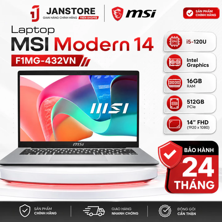 MSI Modern 14 F1MG-432VN Core 5 120U 16GB 512GB 14” FHD Win11 | Laptop Văn Phòng Học Tập Mỏng Nhẹ