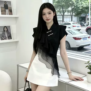Mới Phong Cách Trung Hoa Đen Trắng Tương Phản Màu Xù Đầm, Cải Tiến Sườn Xám Phong Cách Đi Lại Váy Ngắn Nữ
