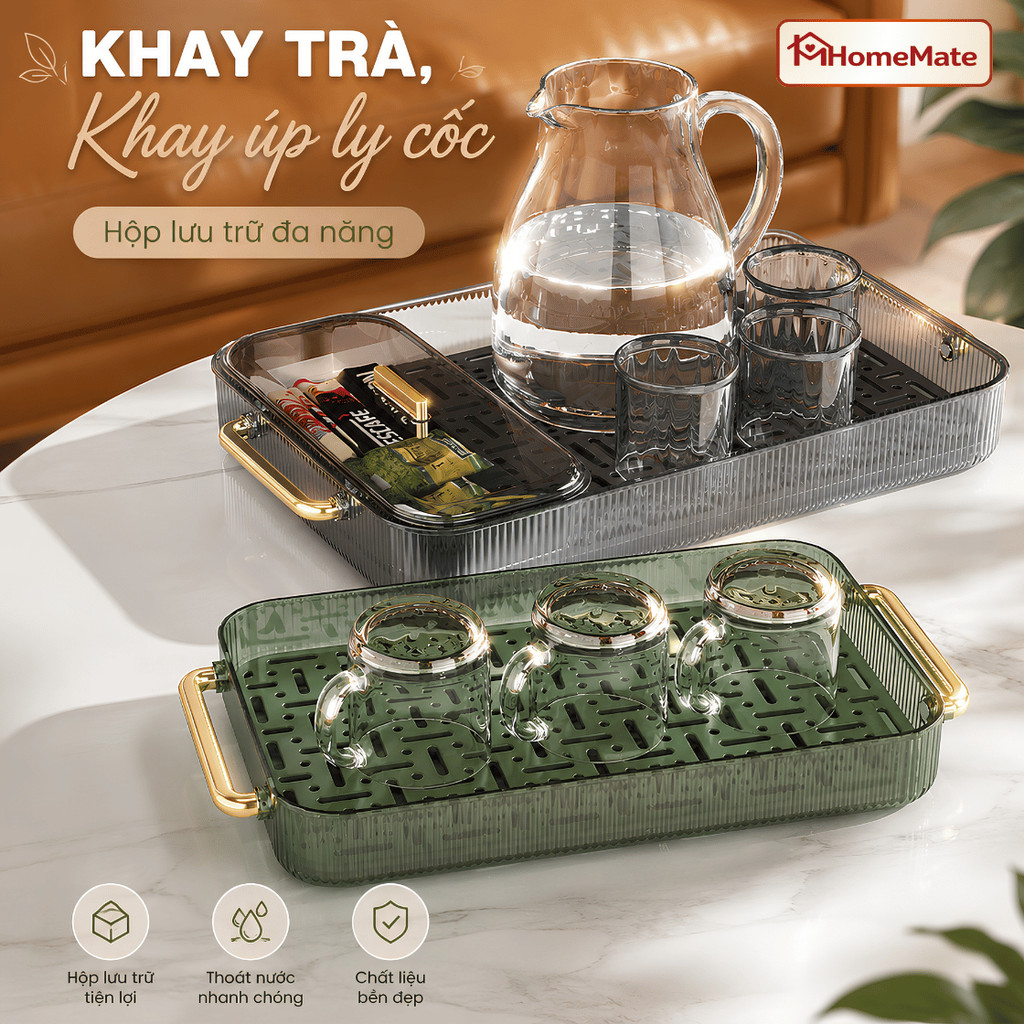 Khay Úp Ly Cốc Trong Suốt 2 Tầng HomeMate Bằng Acrylic Cao Cấp, Khay Trà Thoát Nước Kèm Hộp Đựng Trà Cafe Đa Năng