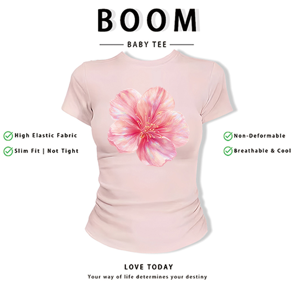 BOOM Áo Baby Tee Nữ Cotton Ôm Body-Áo Thun Ngắn Tay Y2K In Hình PhongCách Mùa Hè, Cổ Tròn Hàng Đầucách hàn quốc phong&34
