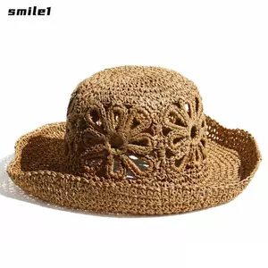 SMILE Người Cá Mũ, Chất Liệu Rơm Hoa Handmade Dệt Tay Mũ Rơm, Thời Trang Chống Tia UV Thoáng Khí Thiết Kế Đơn Giản Mũ Xô Hoa Nữ