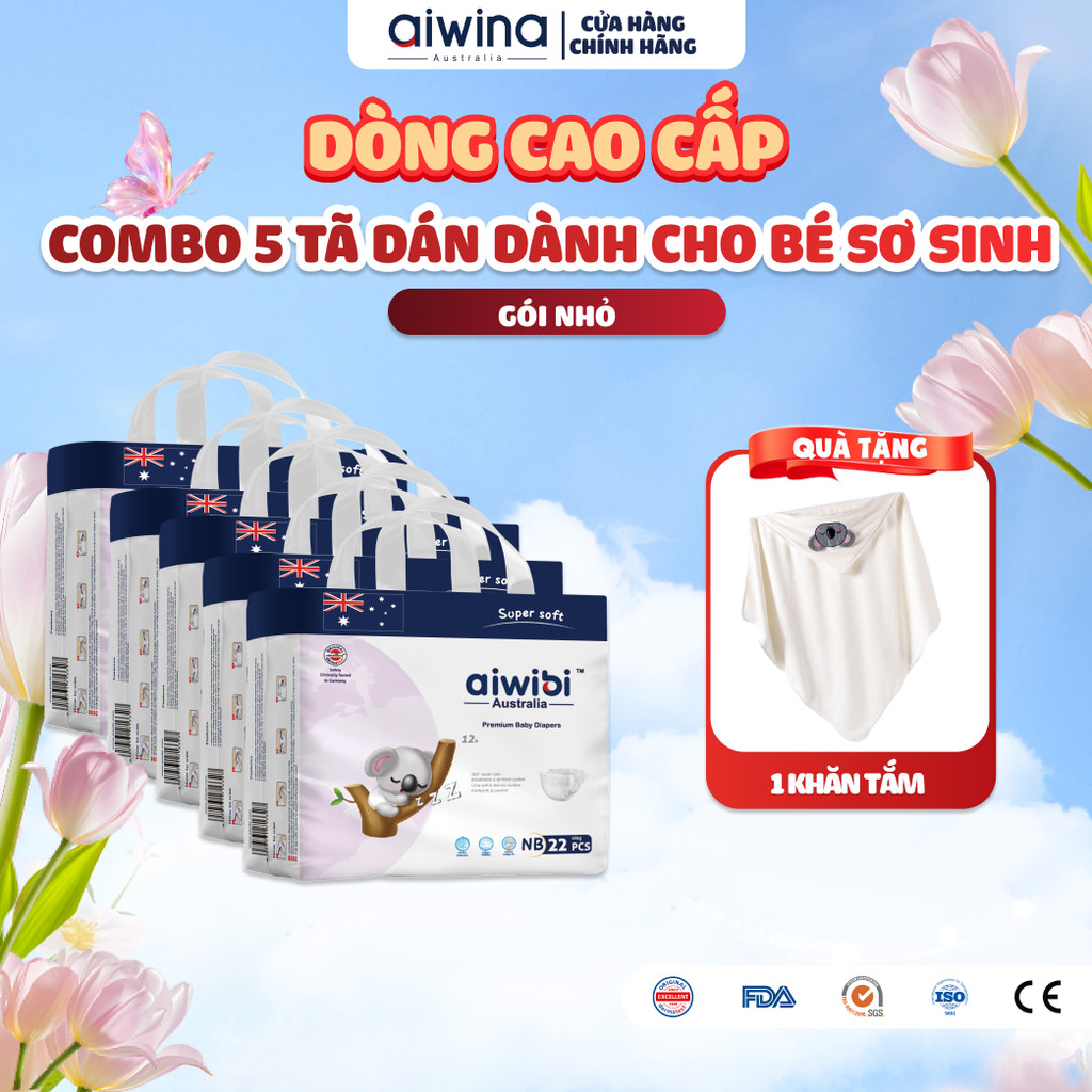 [Combo 5] Tã/Bỉm Cho Trẻ Sơ Sinh Cao Cấp Aiwibi Siêu Thấm Hút, Chống Tràn - Gói New Born 22 Miếng