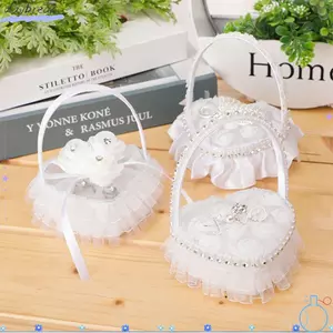 DAYBREAK Hộp Nhẫn Hình Trái Tim, Gối Nhẫn Chất Liệu Satin Ren Trắng, Có Tay Cầm Nơ Mini Nhẫn Cưới Gối Ngày Lễ Tình Nhân