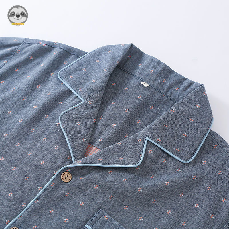 Phong cách Nhật Bản Muji Style / Bộ đồ ngủ gạc hai lớp Cotton nguyên chất chấm bi mùa hè cho nam / Bộ đồ quần ngắn tay mỏng mùa xuân thu / Có thể mặc bên ngoài phòng chờ