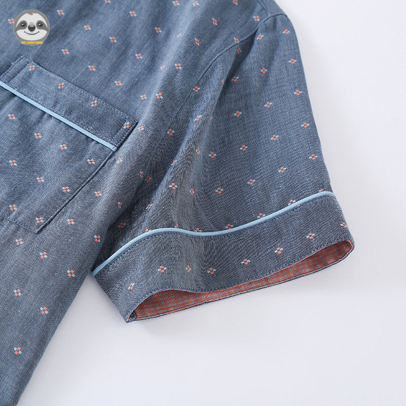 Phong cách Nhật Bản Muji Style / Bộ đồ ngủ gạc hai lớp Cotton nguyên chất chấm bi mùa hè cho nam / Bộ đồ quần ngắn tay mỏng mùa xuân thu / Có thể mặc bên ngoài phòng chờ
