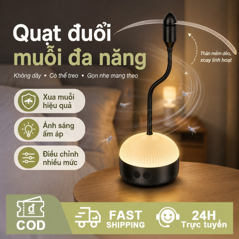 Quạt Đuổi Ruồi Muỗi Bàn Có đèn，Máy đuổi ruồi cánh quạt đa chức năng ngoài trời IPX4