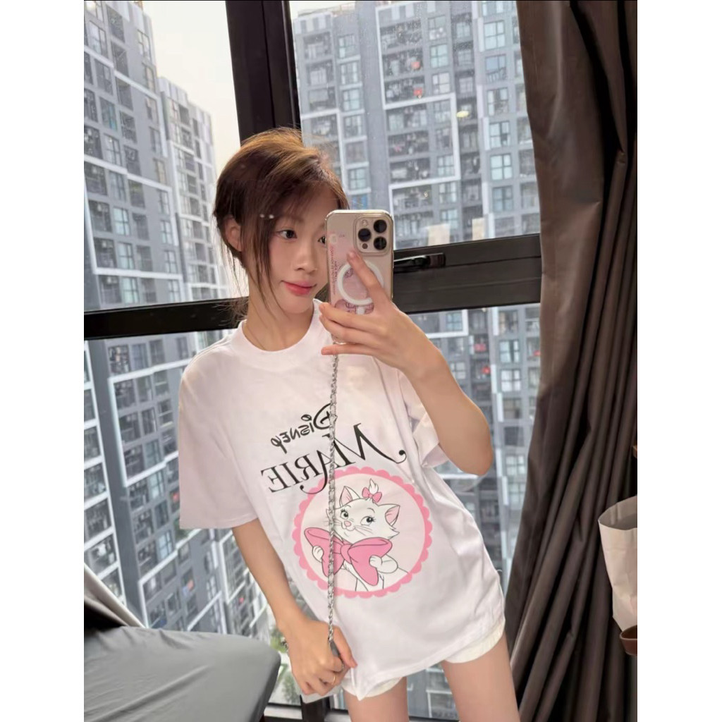 （Giao hàng 24h）Angela Áo phông nữ đáng yêu hoạ tiết in mèo marie disnep trắng đáng yêu from rộng dáng giấu quần chất
