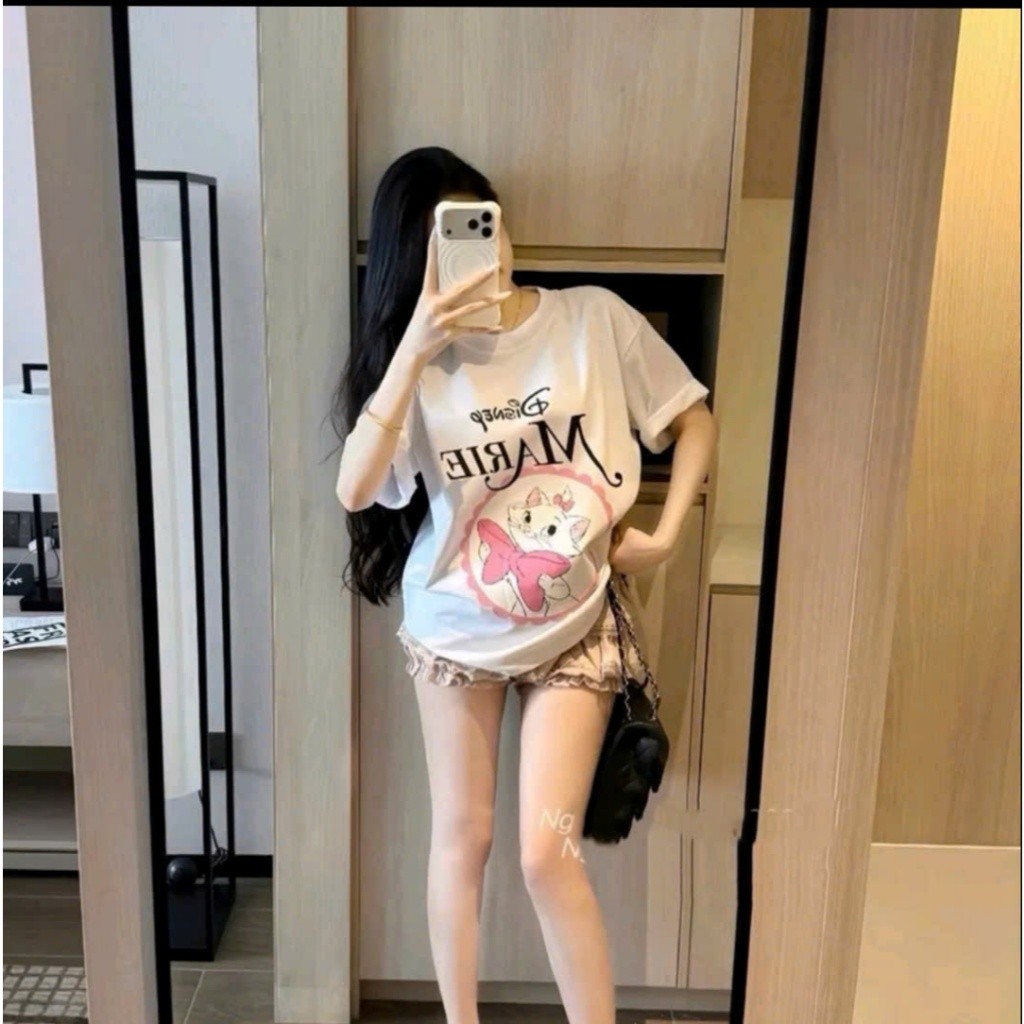 （Giao hàng 24h）Angela Áo Phông Nam Nữ Form Rộng In Mèo marie nơ hồng siêu xinh, cotton hai chiều basic phối đồ siêu dễ