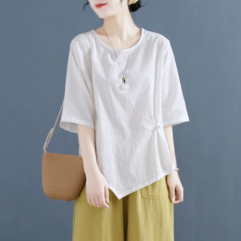 Áo thun nữ tay ngắn mùa hè phong cách mới khóa nghệ thuật retro dáng rộng giảm béo cho nữ