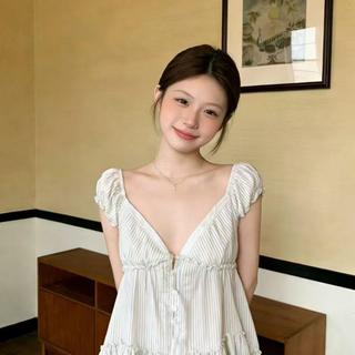 [Seckill trong thời gian có hạn] Áo sơ mi ngắn tay sọc cổ chữ v kiểu Pháp mùa hè Thiết kế phong cách mới Áo dây xù không đều