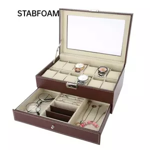 Hộp đựng trang sức đồng hồ STABFOAM, Hộp quà trang sức 12 khe màu nâu, Chất liệu da thanh lịch Đồ trang trí hai lớp hai mục đích Bao bì quà tặng