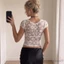 MAPLEPOET-Áo thun ren cổ chữ V dành cho nữ tay ngắn nhìn xuyên qua vỏ sò trang trí thanh lịch Slim Fit Crop Tops
