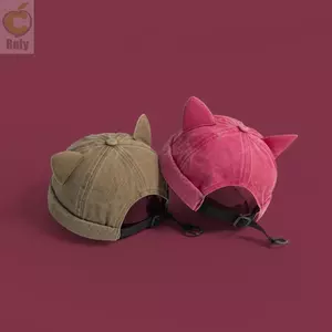 Mũ trùm đầu tai mèo ROLY, Mũ không vành cũ giặt có thể điều chỉnh, Mũ beanie Unisex thoáng khí màu trơn dễ thương dành cho nữ