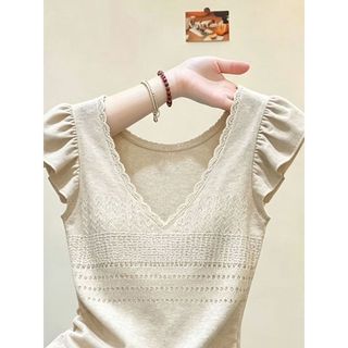 [Hàng mới về] Size lớn MM Retro Màu cà phê thanh lịch cổ chữ v Áo len bay rỗng, Áo len mùa hè phong cách mới sang trọng phù hợp