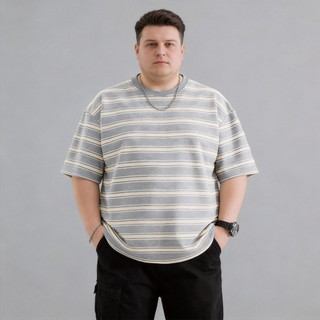 Plus Size Nam Đen Trắng Sọc Tương Phản Jacquard Cotton Áo Thun Ngắn Tay