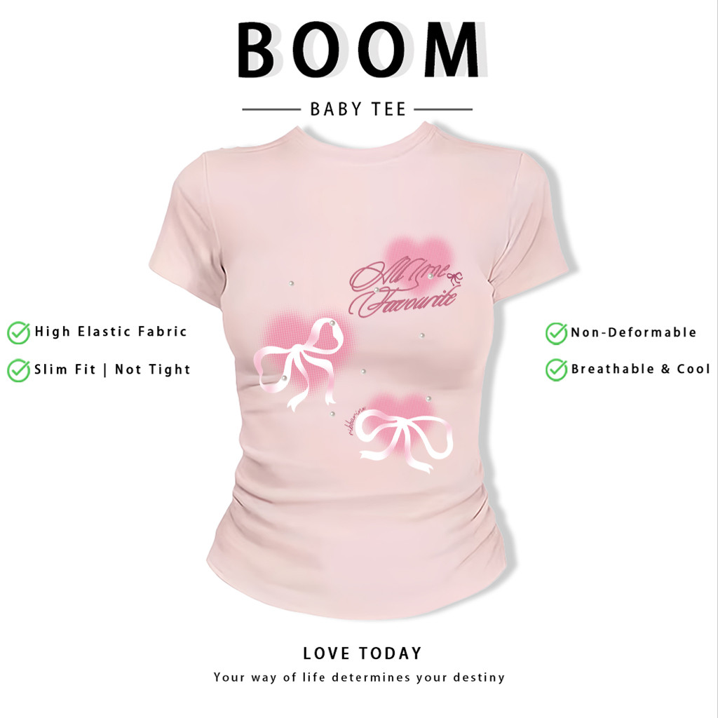 BOOM Áo Baby Tee Nữ Cotton Ôm Body-Áo Thun Ngắn Tay Y2K In Hình PhongCách Mùa Hè, Cổ Tròn Hàng Đầucách hàn quốc phong121