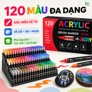 Bộ 120 bút acrylic marker – Đầu brush mềm mịn, mực lông đều – Lên màu đậm, che phủ tốt – Vẽ đa chất liệu – Không độc hại