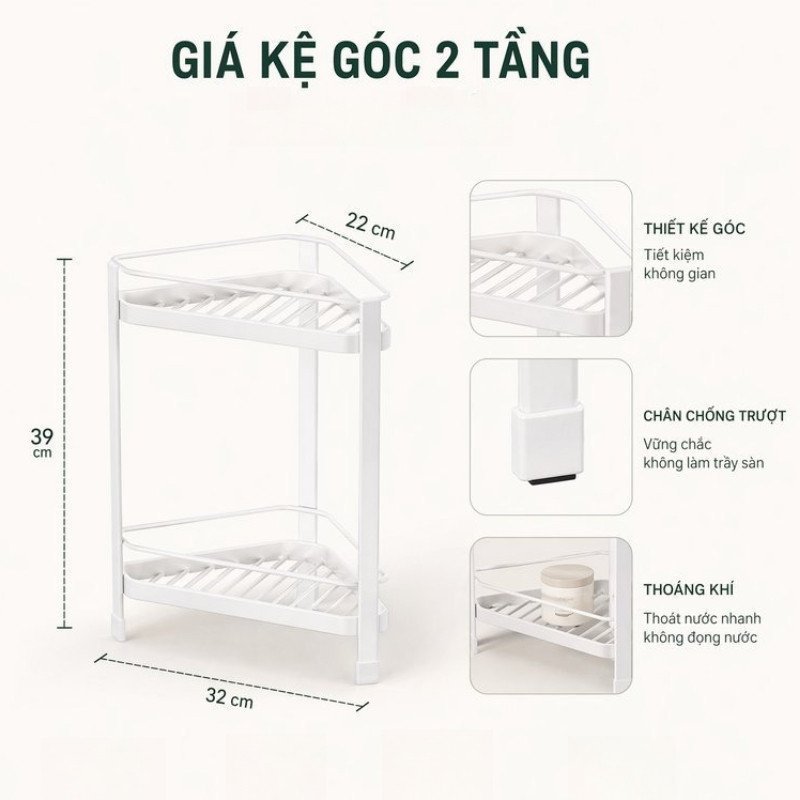 kệ góc nhà tắm 2 tầng tam giác đặt sàn chống gỉ thoát nước đựng dầu gội gia vị tiết kiệm