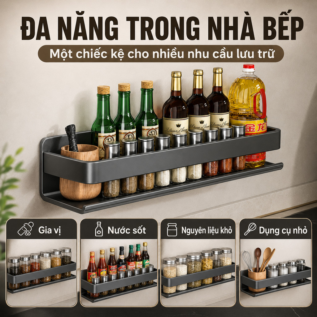 Kệ Gia Vị Nhà Bếp Thép Carbon - Đa Năng, Lắp Dán/Khoan Tường, Chịu Lực Tốt, Không Gỉ