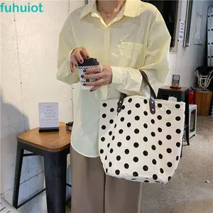 Túi xô vải chấm bi FUHUIOT, Túi xách túi ăn trưa Wave Point, Túi Tote phù hợp với sức chứa lớn Túi đựng xác ướp phong cách Hàn Quốc Túi mua sắm