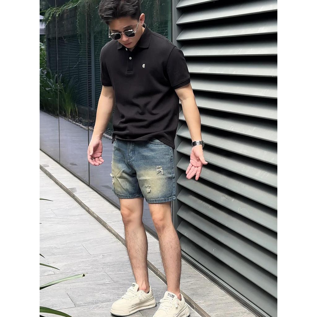 Quần Short Jean Nam DIN, Quần Xanh Đậm Vàng Form Trên Gối Rách Nhẹ, Phối Đồ Dễ, Phong Cách Streetwear Năng Động R2212
