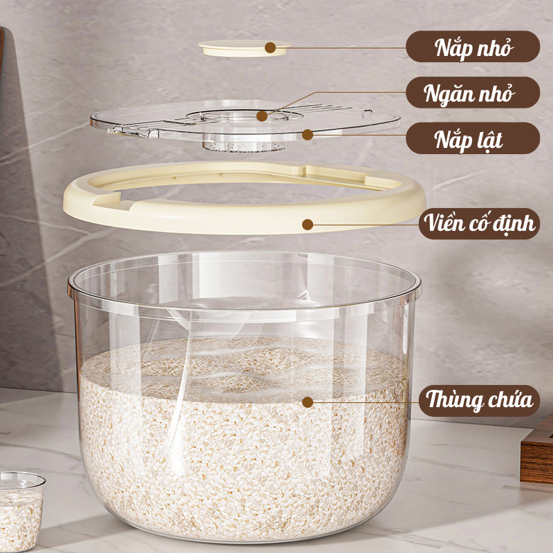 Thùng Đựng Gạo Nắp Lật Kín Khí Cao Cấp – Hộp Đựng Gạo Nhựa Trong Kèm Cốc Đong Tiện Lợi, Chống Ẩm Mốc