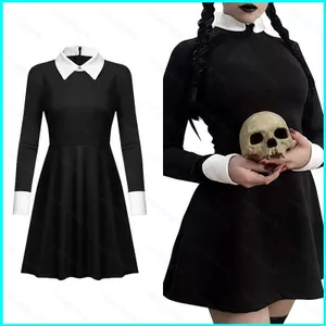 SY3 The Addams Họ Cosplay Đầm Thứ Tư Addams Trang Phục Gothic Đen Dài Tay Váy Đồng Phục Tiệc Halloween YS