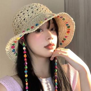 ELBBKG Mũ Rơm Hạt Gỗ Nhiều Màu Sắc Thời Trang Cho Nữ Vào Mùa Hè Với Vành Rỗng Lớn Mũ Chống Nắng Có Thể Gập Lại Mũ Ngư Dân Mới