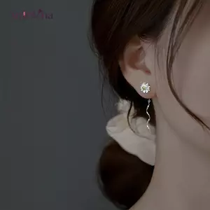 AqToCna 1 Cặp Màu Bạc Xu Hướng Hoa Cúc Dây Dài sel Ren Treo Bông Tai Nữ Xuyên Bông Tai Cô Gái Trang Sức AqToCna
