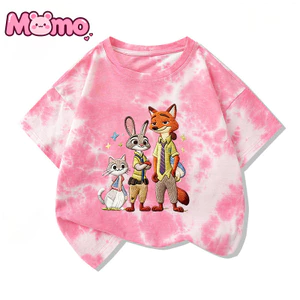 Zootopia hoạt hình giả thêu in hình unisex tie-dye áo thun ngắn tay thông thường