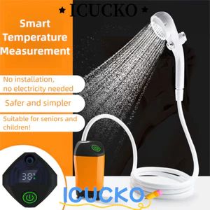 Vòi hoa sen cắm trại di động ICUCKO, Vòi hoa sen điện có thể sạc lại chống nước IPX7, Nhiệt độ nhẹ & Pin Màn hình kỹ thuật số Đồ dùng tắm ngoài trời Đi bộ đường dài Bãi biển du lịch
