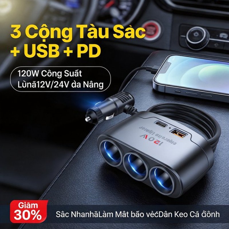 Tẩu Sạc Nhanh 120w 12v 24v 3 Cổng usb Có Đèn led QC3.0 Sạc Ô Tô 1 Chia 3 Có Đèn LED - Hỗ Trợ PD Nhanh, Tương Thích iPhone/Samsung/Xiaomi, Đầu Cắm Tẩu Thuốc Tiện Lợi, Giá Rẻ