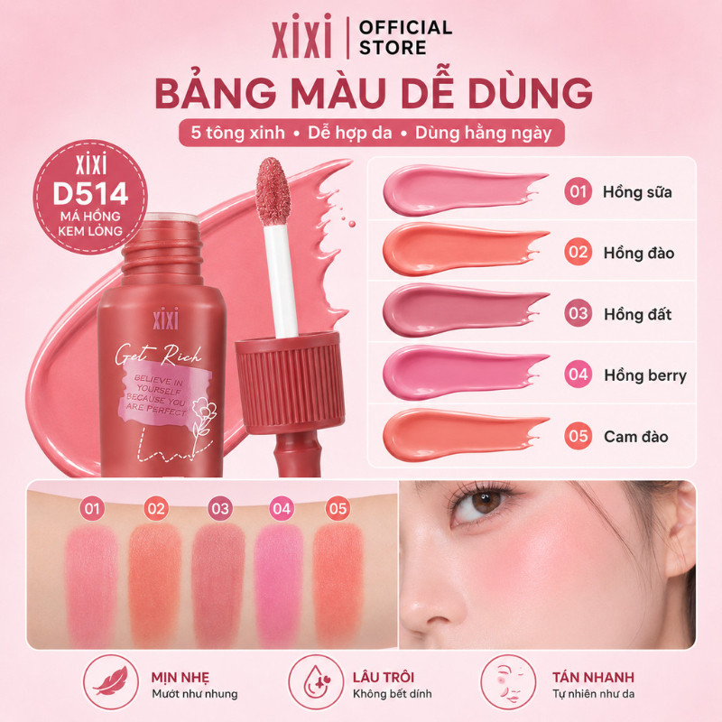 XIXI Kem Blush Tint – Soft Cloudy Finish · Xả tự nhiên · Blush lỏng lâu trôi D514